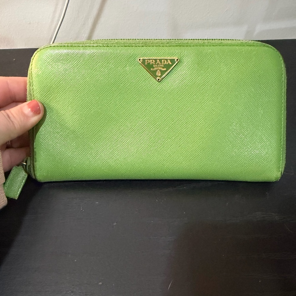 Prada Apple Green Saffiano Zip Wallet with Gold Logo